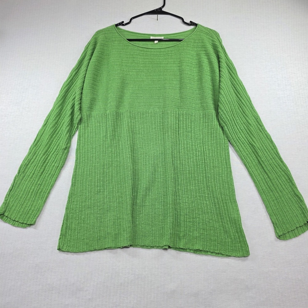 Eileen Fisher Green 100% Linen Ribbed Knit Long Sleeve Pullover Sweater Size L